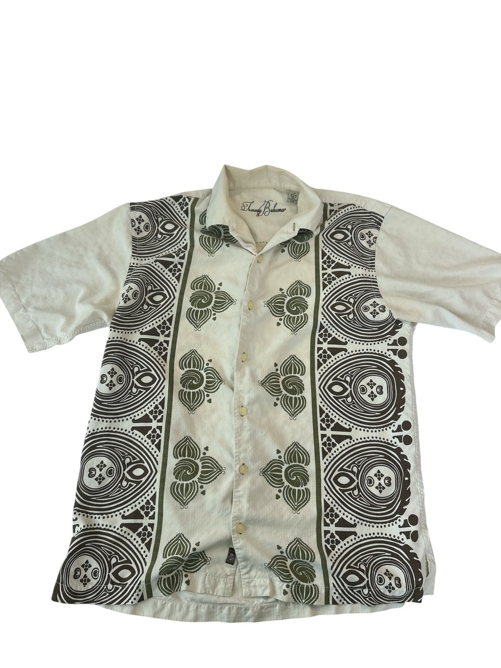 Tommy Bahama Cream Short-Sleeve Button-Down with Green & Black Print